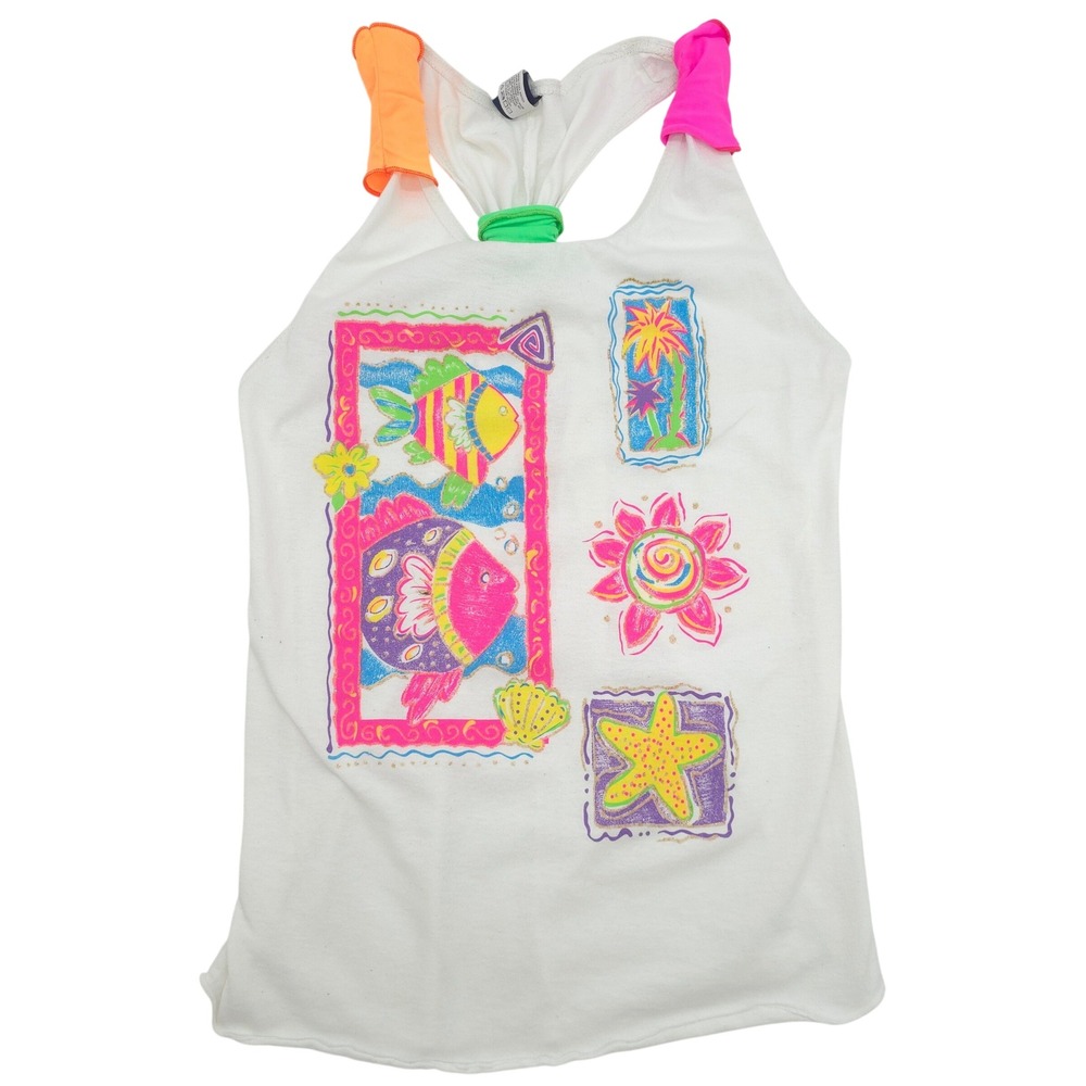 Vintage 90s Neon Tropical Fish Racerback Tank Top HONO White Kids Large 10/12